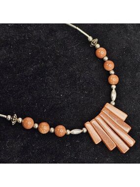 Goldstone & Silver Tone 18" Necklace Brown Sparkle Pendant Beaded